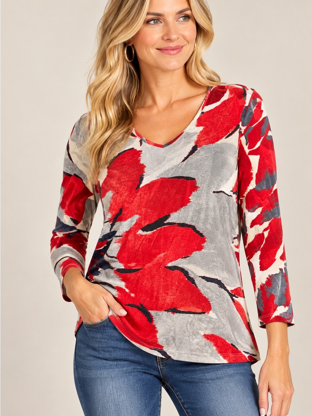 Chico's Red and Gray Floral V-Neck Long Sleeve Top